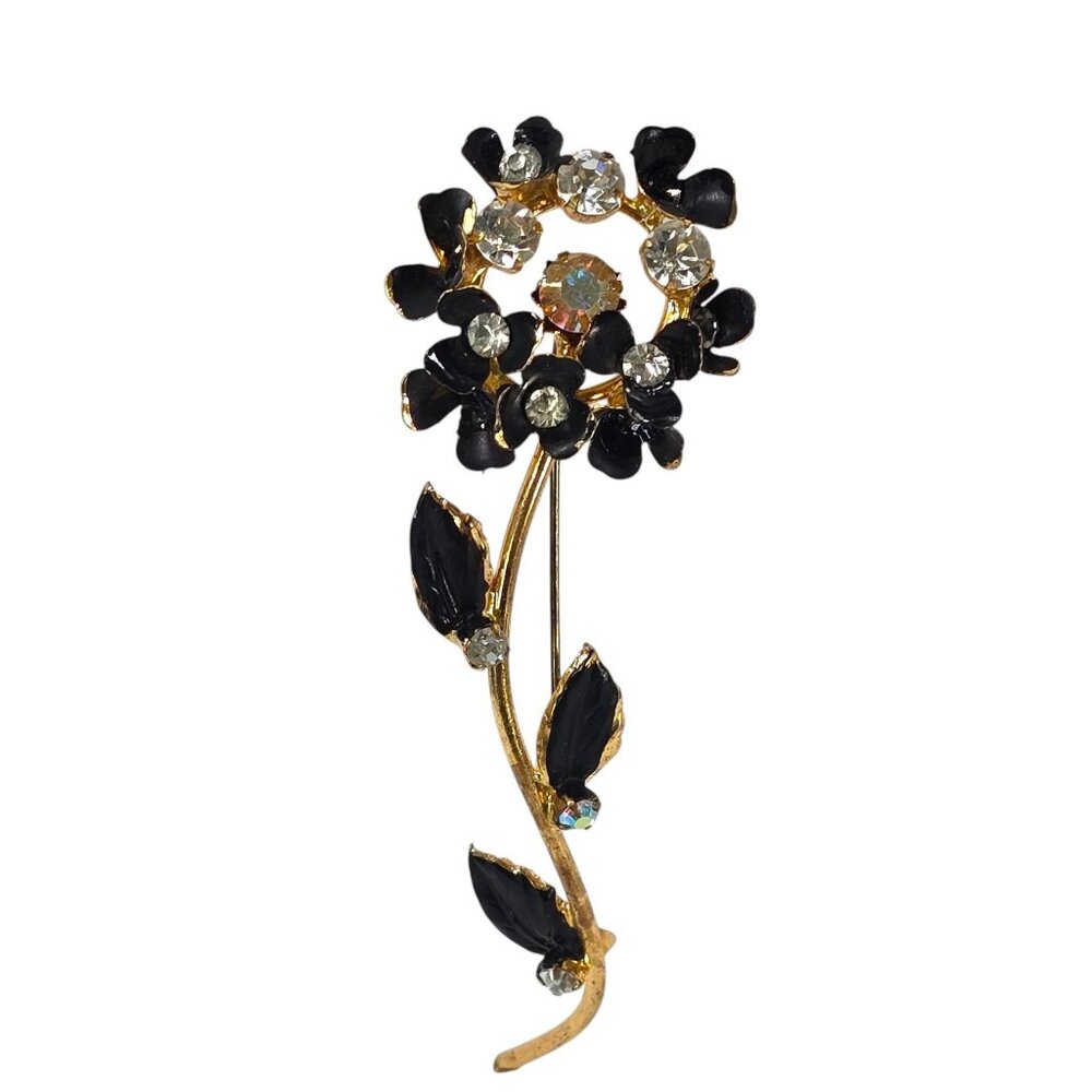 Vintage Austrian Aurora Borealis Rhinestone Brooch Black Enamel Flower Pin 1950s